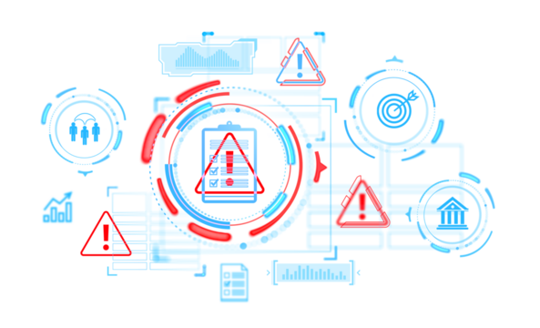 Abstract digital warning signs and symbols, with red and blue highlights, displayed on a clean white background. Concept of alerts and risks. 3D Rendering.