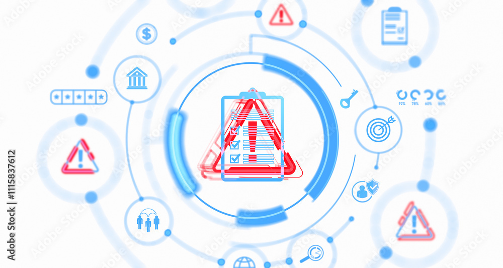 Poster warning checklist icon with a red exclamation mark overlay, surrounded by interconnected blue and re