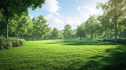 Obraz premium A lush green meadow surrounded by tall trees in a bright, sunny day, with a blue sky and white clouds.