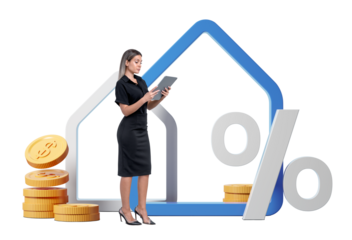 Businesswoman holding a tablet, standing by a house-shaped frame, coins, and percentage sign on a white background. Concept of finance and investment