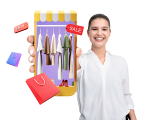 Smiling woman holding a smartphone displaying an online shopping app with clothes, sale tags, and floating shopping bags on white background