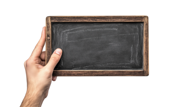 Hand holding chalkboard blackboard isolated on transparent background
