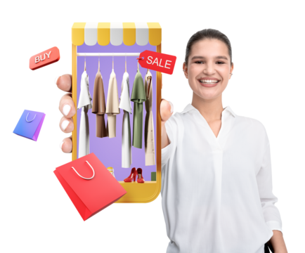 Smiling woman holding a smartphone displaying an online shopping app with clothes, sale tags, and floating shopping bags on white background