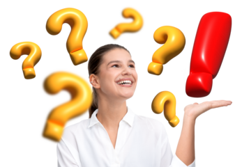 Smiling woman in white shirt with floating yellow question marks and red exclamation mark on white background. Concept of curiosity and ideas
