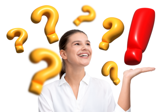 Smiling woman in white shirt with floating yellow question marks and red exclamation mark on white background. Concept of curiosity and ideas