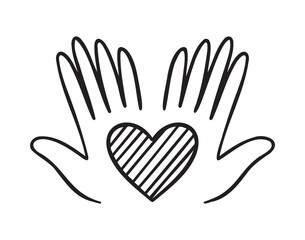 Obraz premium heart in palms of hands doodle hand drawn icon. Love Relationship concept outline drawing hands and heart line clipart symbol