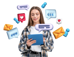 Woman in casual wear holding a tablet, surrounded by colorful 3D chat bubbles, messages, and icons on a white background. Concept of communication