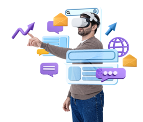Man wearing VR headset pointing at digital icons, isolated with floating interface graphics, colorful elements, on white background. Technology concept