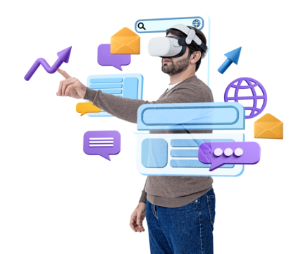 Man wearing VR headset pointing at digital icons, isolated with floating interface graphics, colorful elements, on white background. Technology concept