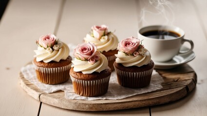 Cupcakes with roses and a cup of coffee arranged on wooden board creating a cozy and inviting atmosphere for celebration or gathering.
