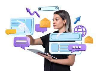 Woman using tablet, interacting with virtual interface elements, on white background. Concept of...
