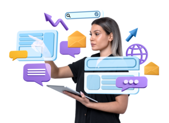 Woman using tablet, interacting with virtual interface elements, on white background. Concept of communication, technology, and digital interaction