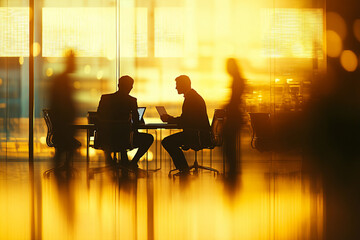 Professional Business Negotiation in a High-Tech Office, Captured with a Warm Golden Tone and Cinematic Bokeh Effect