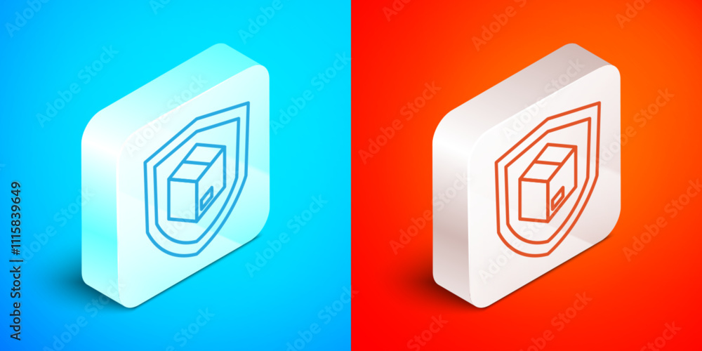 Poster isometric line delivery security with shield icon isolated on blue and red background. delivery insu
