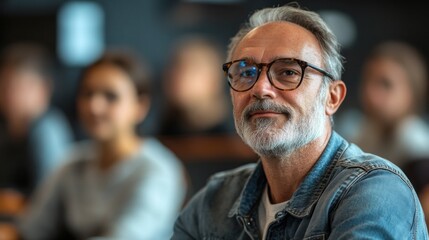 Fototapeta premium A thoughtful man with silver hair and glasses participates in a dynamic classroom discussion, surrounded by attentive peers. His expression reflects confidence and curiosity