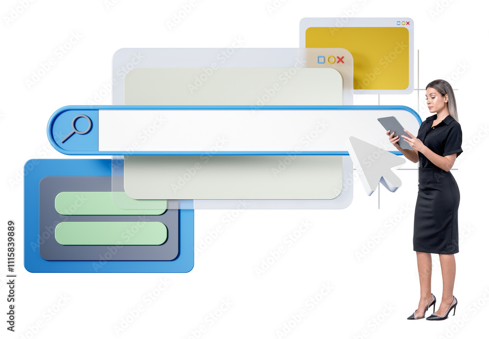 Poster woman holding a tablet near oversized browser windows and a search bar on a white background. concep