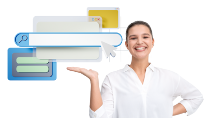 Smiling woman in white shirt showing web UI elements, including a search bar, windows, and cursor, on isolated white background. Internet concept