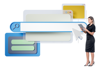 Woman holding a tablet near oversized browser windows and a search bar on a white background. Concept of internet browsing and web design