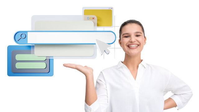 Smiling woman in white shirt showing web UI elements, including a search bar, windows, and cursor, on isolated white background. Internet concept