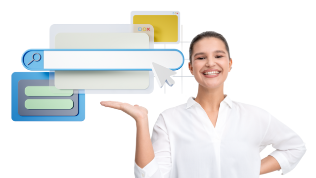 Smiling woman in white shirt showing web UI elements, including a search bar, windows, and cursor, on isolated white background. Internet concept