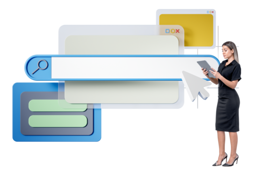 Woman holding a tablet near oversized browser windows and a search bar on a white background. Concept of internet browsing and web design