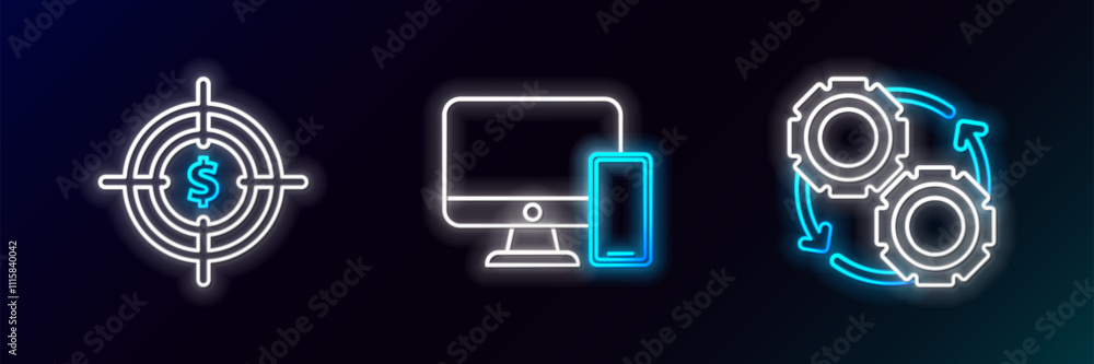 Poster set line gear and arrows as workflow process concept, target with dollar symbol and computer monitor