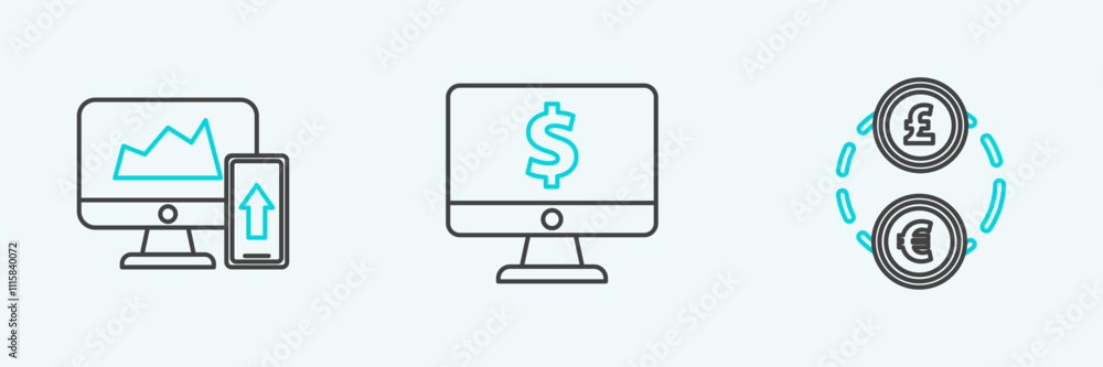 Poster set line money exchange, financial chart or graph the computer monitor and mobile phone and computer