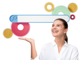 Woman smiling with raised hand, colorful rotating gears, and an empty search bar. Isolated on a white background. Concept of internet search