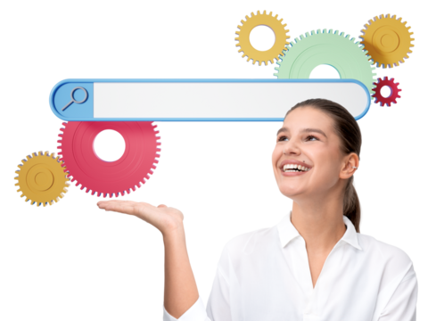 Woman smiling with raised hand, colorful rotating gears, and an empty search bar. Isolated on a white background. Concept of internet search