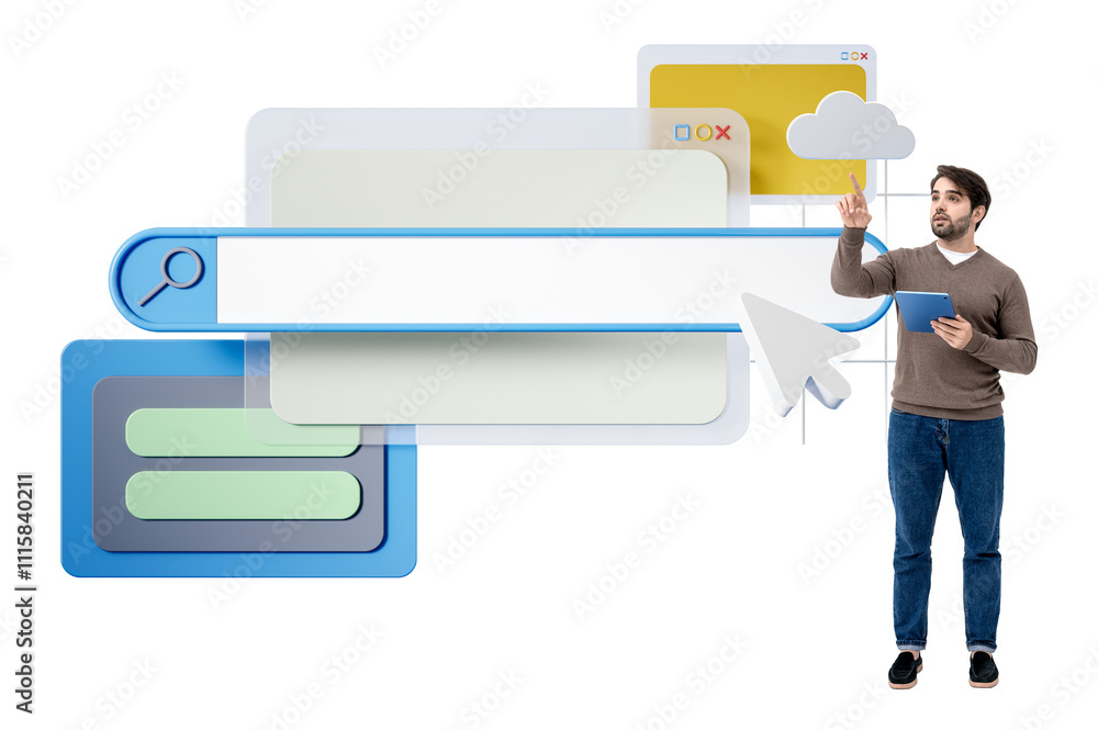 Poster man holding a tablet and interacting with digital browser elements like a search bar, cloud, and cur