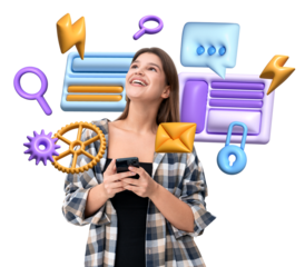 Woman with a smartphone smiling, surrounded by colorful icons such as locks, gears, and speech bubbles, isolated on a white background, concept of digital interaction