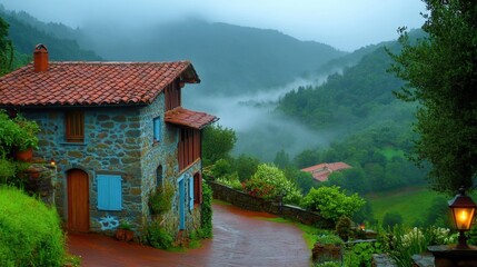 Obraz premium Charming Stone Cottage in a Misty Mountain Landscape