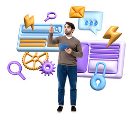 Man holding a tablet, pointing at floating tech-themed icons with a white background. Concept of technology integration and digital interaction