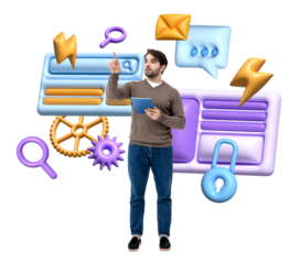 Man holding a tablet, pointing at floating tech-themed icons with a white background. Concept of technology integration and digital interaction