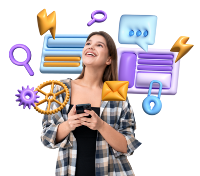 Woman with a smartphone smiling, surrounded by colorful icons such as locks, gears, and speech bubbles, isolated on a white background, concept of digital interaction