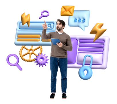 Man holding a tablet, pointing at floating tech-themed icons with a white background. Concept of technology integration and digital interaction