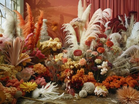 A vibrant arrangement of dried flowers and feathers in warm autumnal tones against a terracotta backdrop.