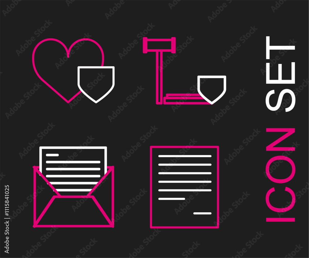 Aufkleber set line document, mail and e-mail, judge gavel with shield and heart icon. vector