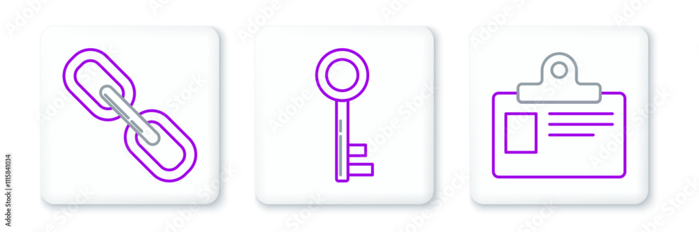 Poster set line identification badge, chain link and key icon. vector