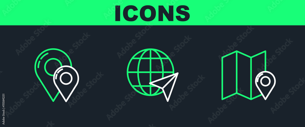 Poster set line folded map with location marker, map pin and location the globe icon. vector