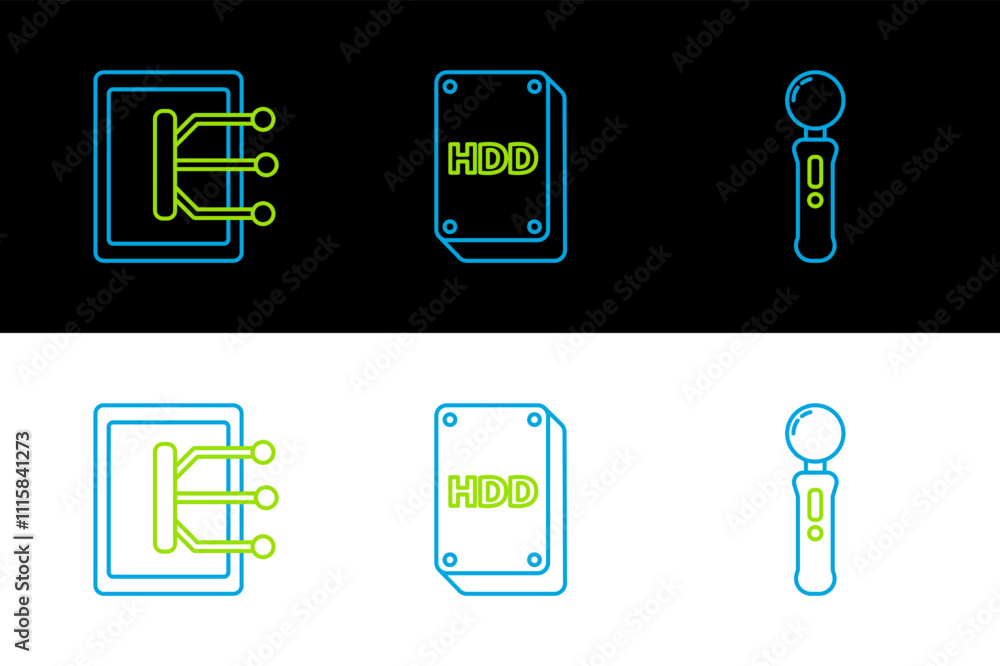 Poster set line gamepad, tablet and hard disk drive hdd icon. vector