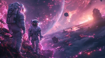 Two astronauts in space suits stand on a rocky, vibrant, purple and pink landscape with other planets and debris.

