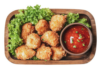 Fototapeta premium Delicious fried snacks served with spicy sauce, cut out - stock png.