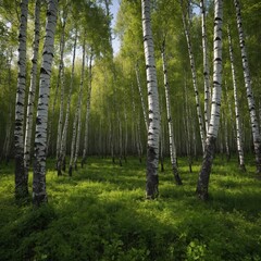Obraz premium A green meadow bordered by a dense forest of birch trees.