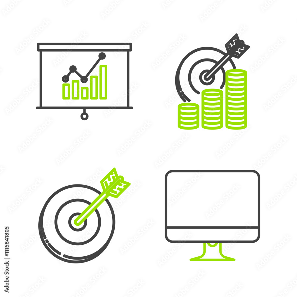 Poster set line computer monitor screen, target, with coin symbol and board graph chart icon. vector