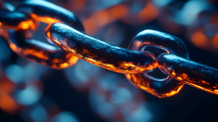 A detailed shot of intertwined metal chains with an emphasis on one link, adorned with warm, radiant lighting, symbolizing strength and interconnectedness.