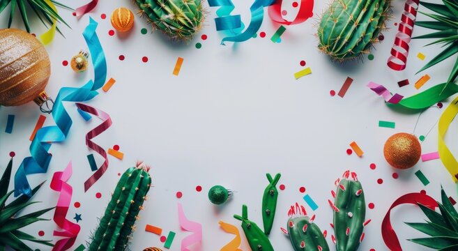 Cinco de Mayo banner with A colorful arrangement of cacti and ornaments with a ribbon in the center. The cacti are green and the ribbon is multicolored