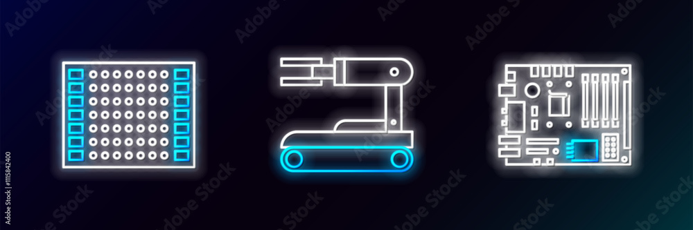 Poster set line electronic computer components motherboard digital chip, printed circuit pcb and robot icon