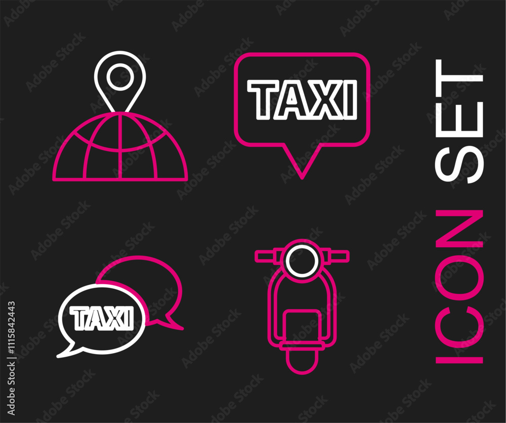 Poster set line scooter, taxi call telephone service, map pointer with taxi and location the globe icon. ve