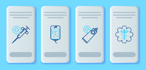 Set line IV bag, Ointment cream tube medicine, Medical syringe with needle and Emergency star medical symbol Caduceus snake stick icon. Vector